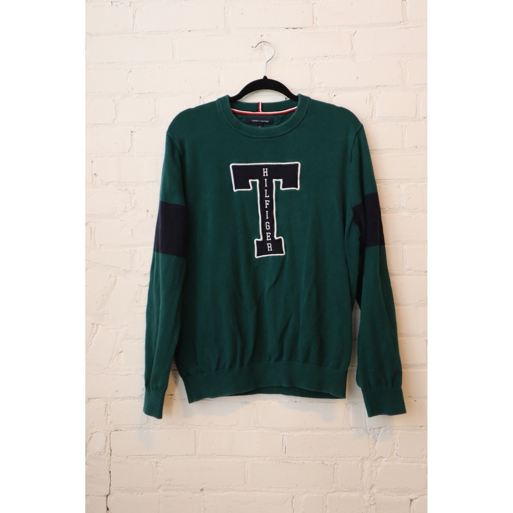 Tommy Hilfiger Mens Green Varsity Letter T Crew Neck Sweater Large Collegiate